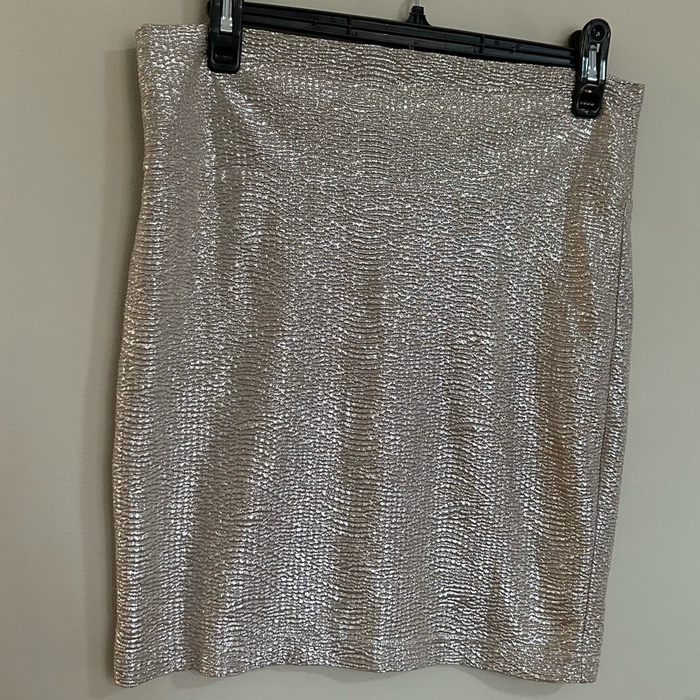 Womens Decree Bodycon Short FOIL Mini Skirt Large SHINY GOLD STRETCH Lined